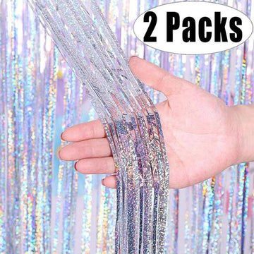 2Pack 2m Silver Metallic Foil Tinsel Fringe Curtain Birthday Wedding Bachelorette Party Decoration Valentines Day Backdrop