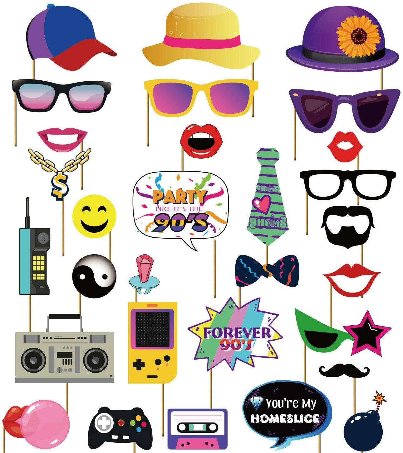 90s Throwback 1990s Party Theme Photo Booth Props with Wooden Sticks and Strike a Pose Sign by Outside The Booth