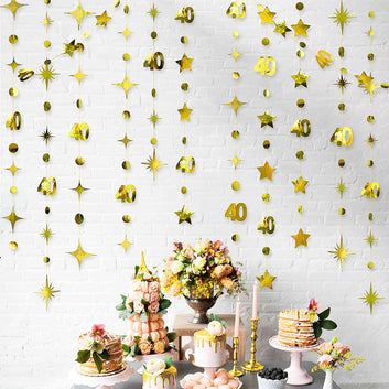 Gold 40th Birthday Banner Decorations Number 40 Circle Dot Twinkle Star Garlands Hanging Backdrop for 40 Year Old Birthday Party