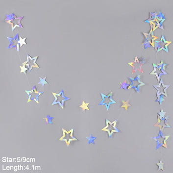 Laser Silver Paper Star Garland Banner Happy Birthday Party Decoration Girl Boy Baby Shower Wedding Christmas Wall Hanging Decor