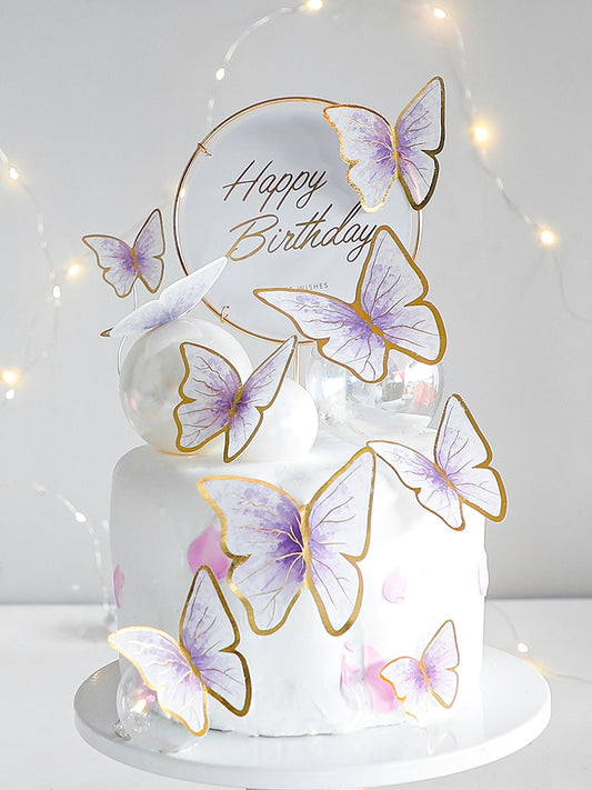 Happy Birthday Butterfly Theme Cake ToppersHandmade Painted Wedding Birthday Party Cake Decoration Party Baking Supplies Gift