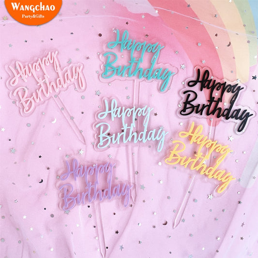 Double Layer Transparent Acrylic Happy Birthday Cake Topper Kids Birthday Party Supplies Baby Shower Decoration 6 colors