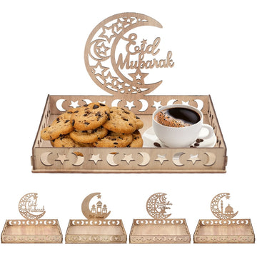 Wooden Eid Mubarak Food Tray Ramadan Decoration for Home Cake Display Islam Muslim Party Supplies 2023 Ramadan Kareem Eid Gifts