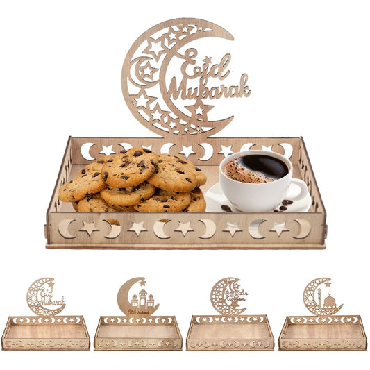 Wooden Eid Mubarak Food Tray Ramadan Decoration for Home Cake Display Islam Muslim Party Supplies 2023 Ramadan Kareem Eid Gifts