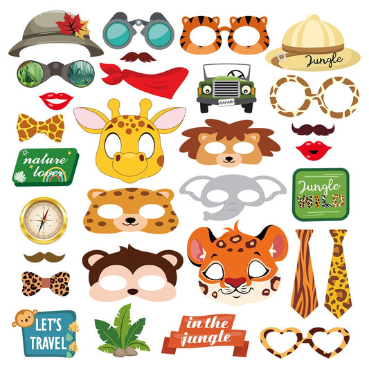 30pcs Jungle Safari Woodland Animal Wild Theme Party Photo Prop Set Forest Lion Giraffe Happy Birthday Party Decor Kids Boy