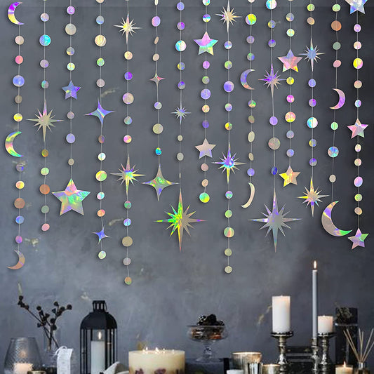 Iridescent Star Moon Circle Garland Ramadan EID Mubarak Birthday Party Decorations Hanging Crescent Twinkle Little Star Streamer