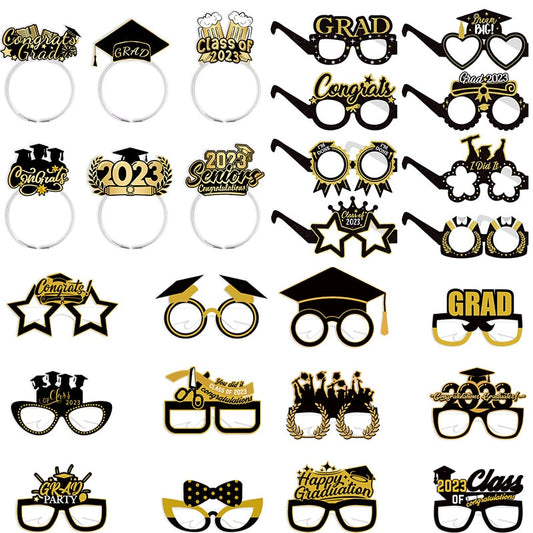 2023 for Graduation Party Photo Props Black Gold Paper Glasses Headwear Graduation Celebration Decoration Photo Booth Props