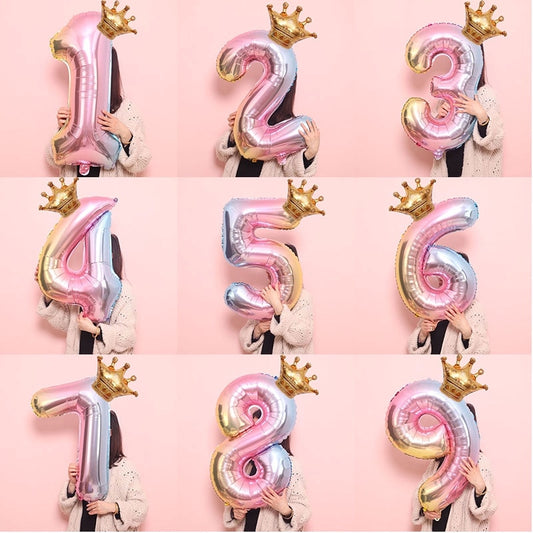 2pcs 32inch Aluminum Foil Gradient Number Balloons 12Inch Crown Balloon Birthday Wedding Party Decoration