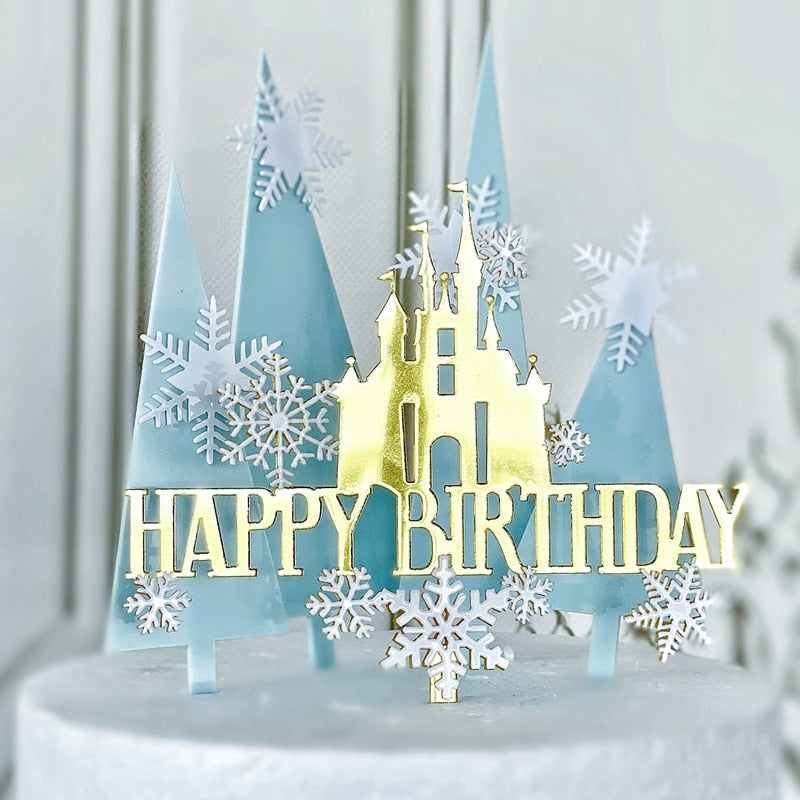 Happy Birthday Cake Topper Snow Castle Double Acrylic Cake Topper Colorful Tree Birthday Decoration Party Favors