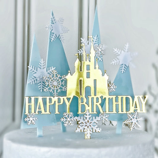 Happy Birthday Cake Topper Snow Castle Double Acrylic Cake Topper Colorful Tree Birthday Decoration Party Favors