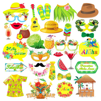 33pcs Hawaiian Photo Props Hello Summer Aloha Luau Camera Shooting Props Tiki Bar Happy Hawaii Beach Party Decor Adults Favor