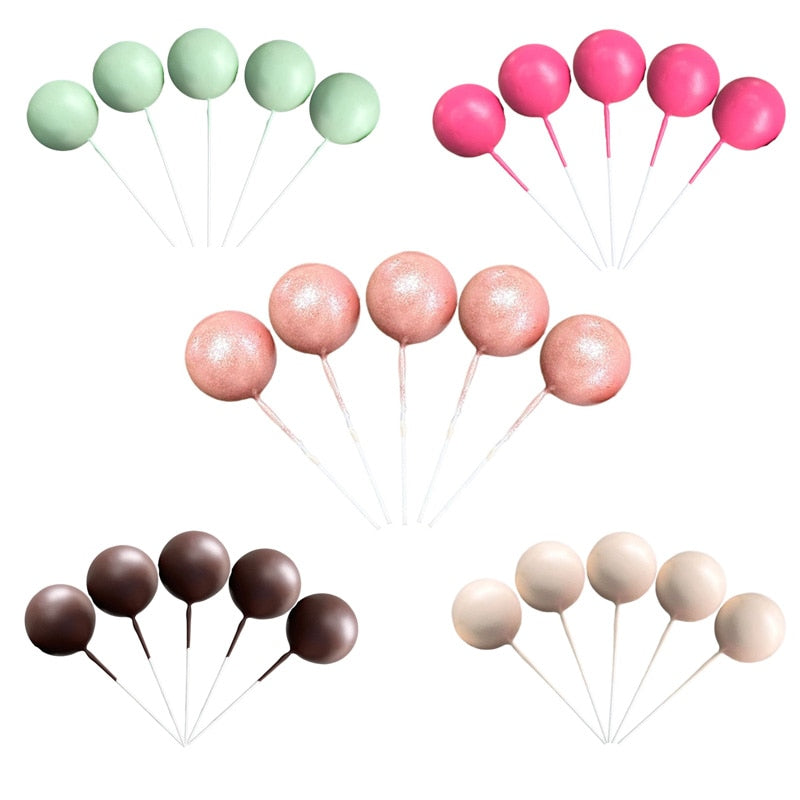 5pcs Colorful Ball Shaped Cake Toppers DIY Cake Decoration For Wedding Birthday Party Dessert Cupcake Props Baking Supplies
