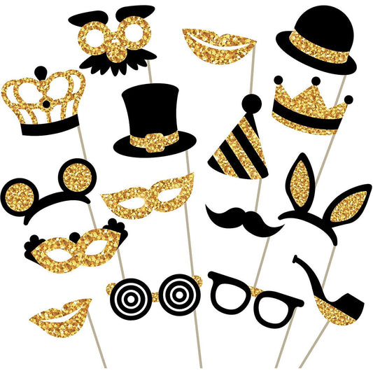 16pcs Crown New Year Wedding Party Photobooth Props 2023 Black Gold Hat Beard Birthday Photo Props Decorations Supplies