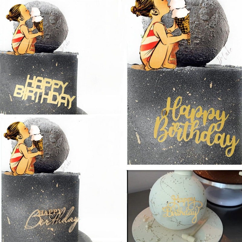 New Happy Birthday Cake Toppers flank Gold Acrylic DIY Kids Birthday party Cupcake Toppers Baby Shower Gift Dessert decoration