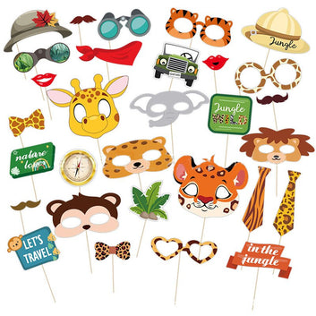 30pcs Jungle Safari Woodland Animal Wild Theme Party Photo Prop Set Forest Lion Giraffe Happy Birthday Party Decor Kids Boy