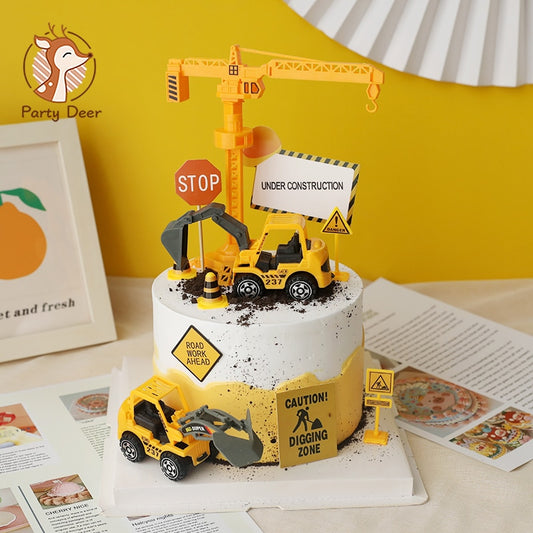 Engineering Construction Vehicle Excavator Cake Decor Digging Machine Traffic Sign Cake Topper for Boy's Birthday Party Toy Gift